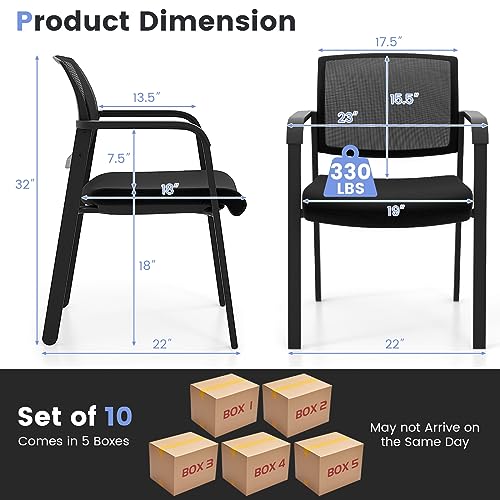COSTWAY Stackable Office Guest Chairs Set of 10 with Armrests, No Wheels | Conference Room Chairs with Mesh Backrest and Upholstered Seat, Ergonomic Waiting Room Chairs for Office Home Reception Area - size: 10 Pack, style: No Wheels