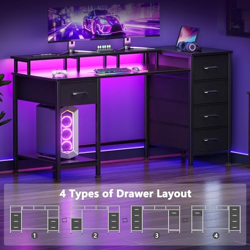 Korfile 47 Inch Gaming Computer Desk with Power Outlets,LED,5 Drawers,Black - color: Black, size: 47 Inch