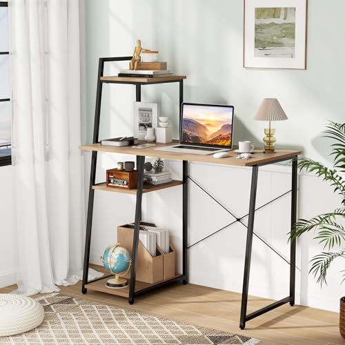 Tangkula Computer Desk with Shelves, Space Saving Home Office Desk with 3-Tier Ladder Shaped Storage Bookshelf, Modern Writing Study Desk with Metal Frame, Compact Computer Workstation (Natural) - color: Natural