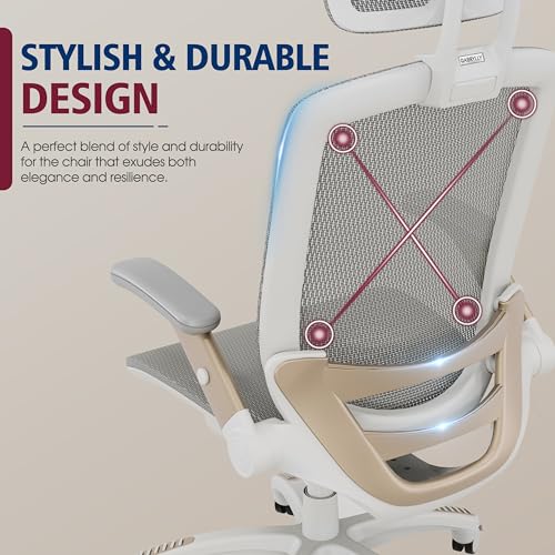 GABRYLLY Ergonomic Office Chair, High Back Home Desk Chair with Headrest, Flip-Up Arms, 90-120° Tilt Lock and Wide Cushion, Big and Tall Mesh Chairs for Man Woman, White Task Chair - color: White Frame - Black With Subtle White Undertones Mesh