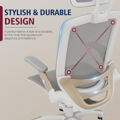 GABRYLLY Ergonomic Office Chair, High Back Home Desk Chair with Headrest, Flip-Up Arms, 90-120° Tilt Lock and Wide Cushion, Big and Tall Mesh Chairs for Man Woman, White Task Chair - color: White Frame - Black With Subtle White Undertones Mesh