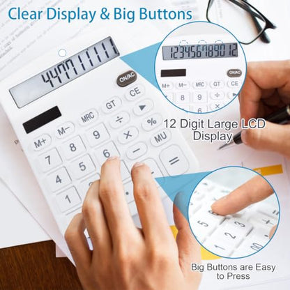 Marte Vanci 12-Digit Desk Calculator with Solar & Battery Power - color: White