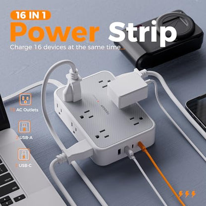 TESSAN Surge Protector Power Strip, 10FT Flat Extension Cord | 12 Outlet Extender with 4 USB (2 USB-C), Flat Plug Power Strip, 1800J Surge Protection, Office, Dorm Essentials, Gray - size: 10 FT