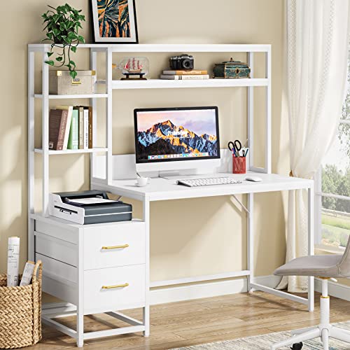Tribesigns 55 Inch Computer Desk with 2 Drawers and Storage Shelves, Rustic Office Desk with Hutch, Study Writing Gaming Table Laptop Workstation for Home Office (White) - color: White