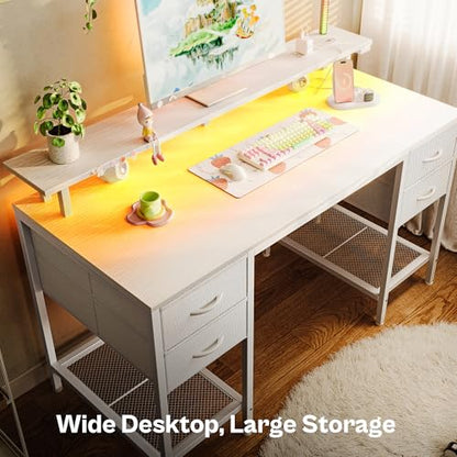 Huuger 47 inch Computer Desk with Power Outlets & 4 Drawers - color: White, size: 47 Inch