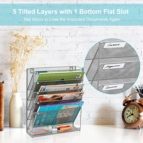 EasyPAG 5 Tier Wall File Holder, Mesh Hanging Folder Organizer with Classify Label, Versatile Desk File Holder, Vertical Wall Mounted Mail Organizer for Office Home Cubicle, Silver - color: Silver