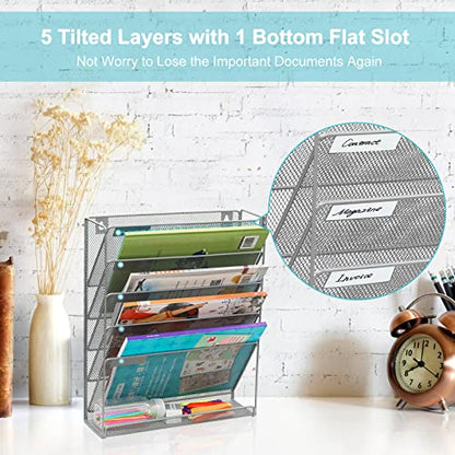 EasyPAG 5 Tier Wall File Holder, Mesh Hanging Folder Organizer with Classify Label, Versatile Desk File Holder, Vertical Wall Mounted Mail Organizer for Office Home Cubicle, Silver - color: Silver