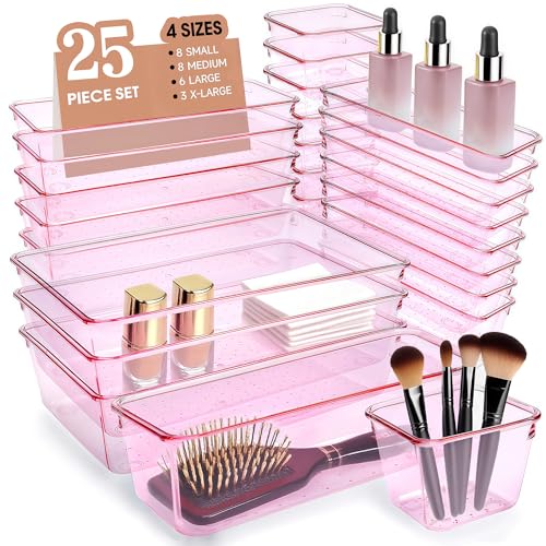 Kitchen Desk Drawer Organizers Storage for Office, Small Acrylic Vanity Trays Makeup Organizer for Drawer Bathroom Plastic Make up Organizers 25 Pcs Pink - color: Pink