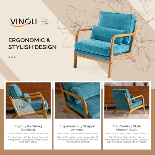 VINGLI Chenille Mid-Century Modern Accent Chair Set of 2, Cute Reading Arm Chair with Cushion & Lumbar Pillow & Solid Wood Frame for Lounge, Living Room, Reading Room, Bedroom, Turquoise - color: Turquoise