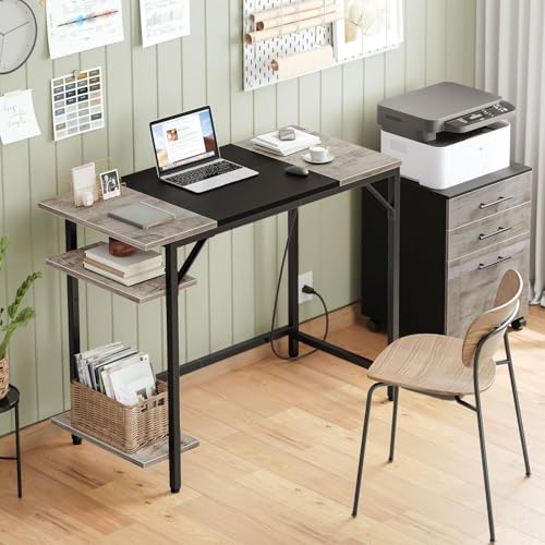 HOOBRO Small Computer Desk, 35.4 Inch Home Office Desk with Power Outlet, Writing Desk with 2 Shelves, Modern Small Desk for Home Office, Study, Easy to Assemble, Charcoal Gray and Black BG43UDN01 - color: Charcoal Gray + Black