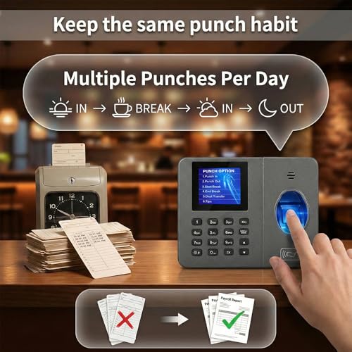 App-Controlled Time Clock with 5s Fast Connection, Edit Records, Set Rules & Run 4 Reports, No Monthly Fee, Fingerprint Time Clock for Employees Small Business, 10 IC Cards