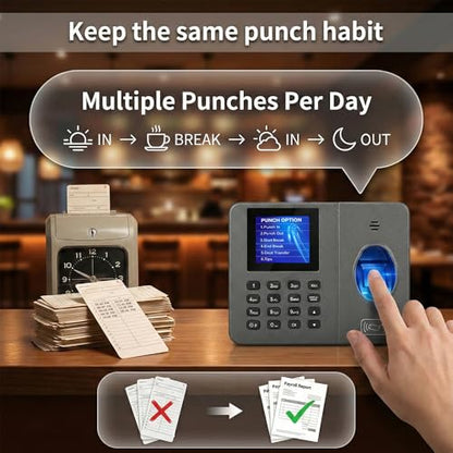 App-Controlled Time Clock with 5s Fast Connection, Edit Records, Set Rules & Run 4 Reports, No Monthly Fee, Fingerprint Time Clock for Employees Small Business, 10 IC Cards