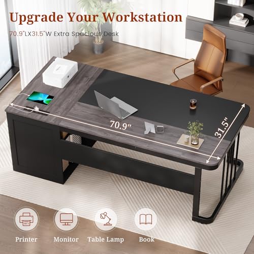 UPOSOJA 70.9" Executive Desk with Power Outlet, Large Office Desk with Drawers & Lateral File Cabinet, Modern Long Computer Desk with Adjustable Storage Shelves, Workstation Business Furniture (Grey) - color: Grey