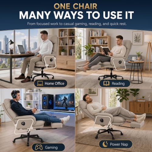 180° Reclining Office Chair with Footrest, PU Leather Desk Chair with 4-Position Backrest and Thick Cushion, Executive Computer Chair for Home Office, Work and Study,Gray - color: Grey