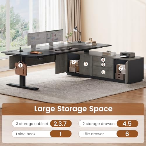 SEDETA 71" Executive Large L Shaped Electric Standing Desk, Grey | Height Adjustable Executive Desk with 3 Drawers and Cabinet,Sit Stand Up Home Office Desk with Power Outlets & Side Hook - color: Grey