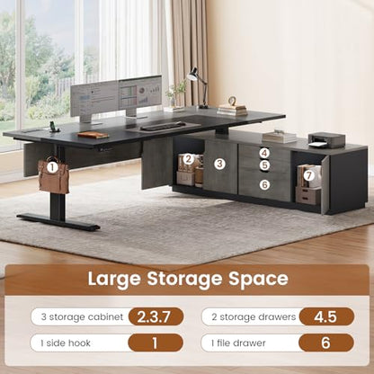 SEDETA 71" Executive Large L Shaped Electric Standing Desk, Grey | Height Adjustable Executive Desk with 3 Drawers and Cabinet,Sit Stand Up Home Office Desk with Power Outlets & Side Hook - color: Grey
