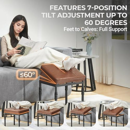 Adjustable Ottoman Pouf, 60 Degree Tilt, Brown Synthetic Leather | 4-Height Footrest, 28 Positions, Iron frame, Foam Cushion, 15.74 x 11.81 x 13.34 in, Under Desk, Living room, Home Office" - color: Brown Synthetic Leather
