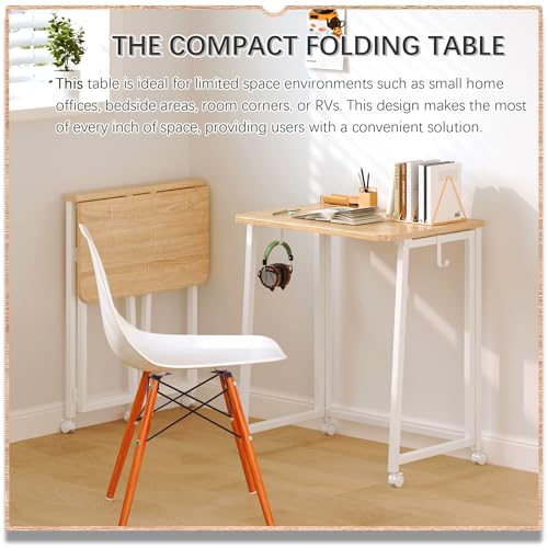 4NM 23.6" Mobile Small Folding Desk, Foldable Rolling Computer Home Office Desk, Study Writing Table for Small Space Saving Bedroom, with Wheels - Natural and White - color: Natural and White, size: 23.6"W x 15.7"D