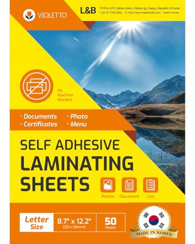 VIOLETTO Self-Seal Cold Laminating Sheets, 8.7x12.2 in, 4 Mil, 50 Pack | 50 self-seal cold laminating sheets, 8.7x12.2 in, 4 mil. No machine or heat needed. Fits letter documents; peel and press. - size: 50 sheets