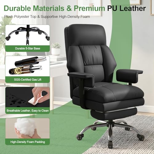 Office Chair Comfortable Executive Desk Chair with Foot Rest, Adjustable Height Home Computer Chair High Back Gaming Chair Leather Swivel Rolling Work Chairs, Black - color: Black