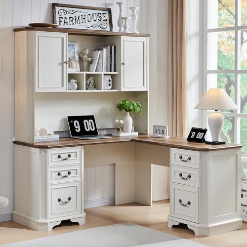 T4TREAM 59" Farmhouse Wood Desk Hutch with Ample Storage, Only Match VSC Series Farmhouse Desk (Antique White) - color: Antique White, size: Hutch Only