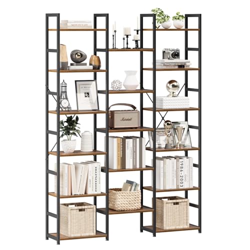 NUMENN Triple Column 6 Tier Bookshelf with 17 Adjustable Shelves, Vintage | Metal Frame & Wood Shelves, Open Freestanding Storage Unit with Supporting Bars for Bedroom, Living Room and Home Office - color: Black, size: 6 Tier(Regular)