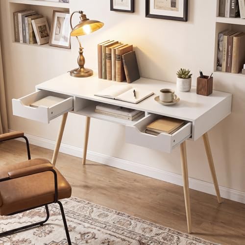 Tangkula Mid Century Modern Desk Simple Computer Desk | White Writing Desk Vanity Table w/2 Drawers & Open Center Storage, Small Wooden Study Table for Home Office & Compact Spaces - color: White