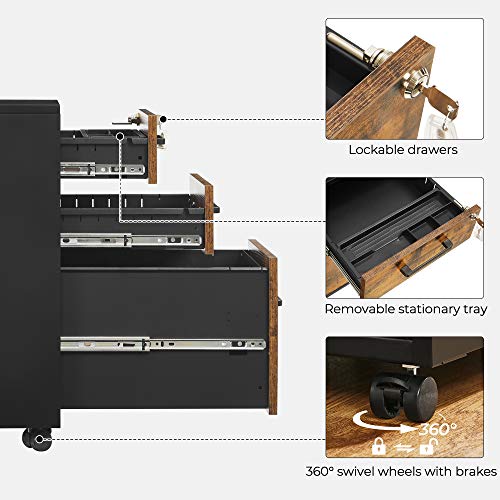 SONGMICS File Cabinet, Pre-Assembled Except Wheels and Handles, Office Filing Cabinet with Lock, for A4, Legal, Letter Sized Documents, 17.7 x 14.4 x 23.6 Inches, Rustic Brown and Black UOFC110B01V1 - color: Rustic Brown + Black, style: 3 drawer (23.6"H)