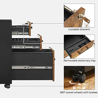 SONGMICS File Cabinet, Pre-Assembled Except Wheels and Handles, Office Filing Cabinet with Lock, for A4, Legal, Letter Sized Documents, 17.7 x 14.4 x 23.6 Inches, Rustic Brown and Black UOFC110B01V1 - color: Rustic Brown + Black, style: 3 drawer (23.6"H)