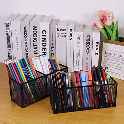 2PCS Black Mesh Pen Pencil Holder, Metal Desk Organizer Desktop Stationery Office Supplies Acessories Storage Stand, 4 Compartments Brushes Holder for Home School Classroom Teachers - size: 2pcs 4 Grids