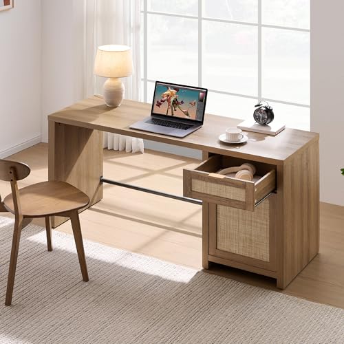 SICOTAS Executive Desk with Large Cabinet, Drawer, Rattan Home Office Desk | 59" Boho Farmhouse Computer Table Vanity Desk for Home Office, Study, Living Room, Dining Room - size: 2 Pieces