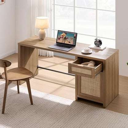 SICOTAS Executive Desk with Large Cabinet, Drawer, Rattan Home Office Desk | 59" Boho Farmhouse Computer Table Vanity Desk for Home Office, Study, Living Room, Dining Room - size: 2 Pieces