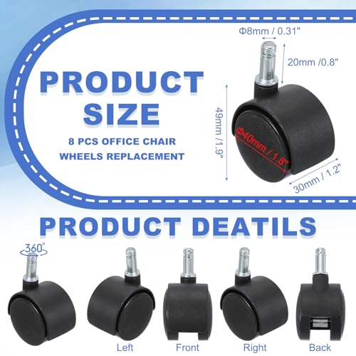 PATIKIL Office Chair Wheels Replacement 5/16", 8 Pcs Nylon Heavy Duty Office Furniture Casters Wheels with Universal Wheel for Hardwood Floor Carpet, Black(Standard Stem)