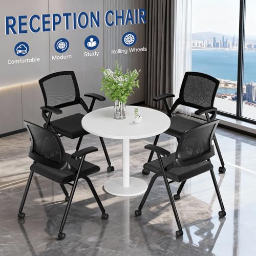 Folding Office Chair with Wheels & Cushion, Stackable Chair with Breathable Mesh Back for Conference Guest Reception, Seminar Training Classroom - color: Folding Chair With Wheels
