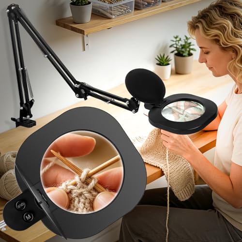HITTI 2200 Lumens 12X Magnifying Glass with Light and Clamp, 5-Inch Glass | Real Lens, 5 Color Modes, Stepless Dimmable, LED Lighted Magnifier Stand for Workbench, Craft, Soldering, Reading, Painting - size: 12X 5Inch Large Glass