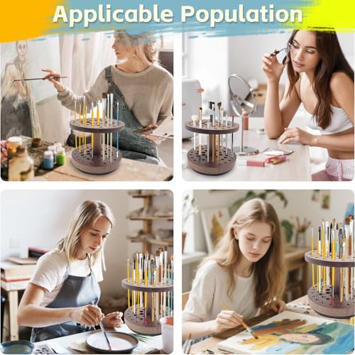 360° Rotating Hardwood Paint Brush Holder, Artist Desktop Storage Organizer - color: brown（52 Holes）