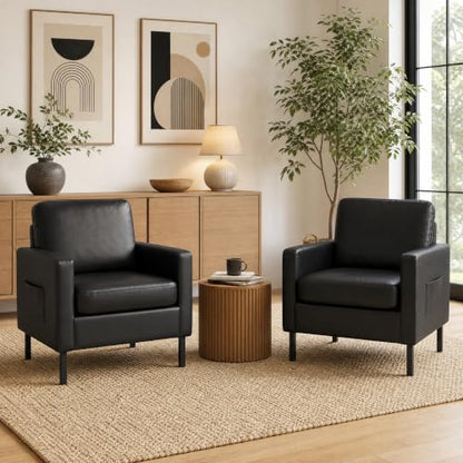 Mid Century Black Leather Mordern Accent Chairs Set of 2 for Living Room | AODAILIHB Cloud Small Sofa With 2 Side Pockets Thick Cushion, Comfy Couch with Metal Leg for Office/Waiting Room/Bedroom/Dorm - size: 2 chairs