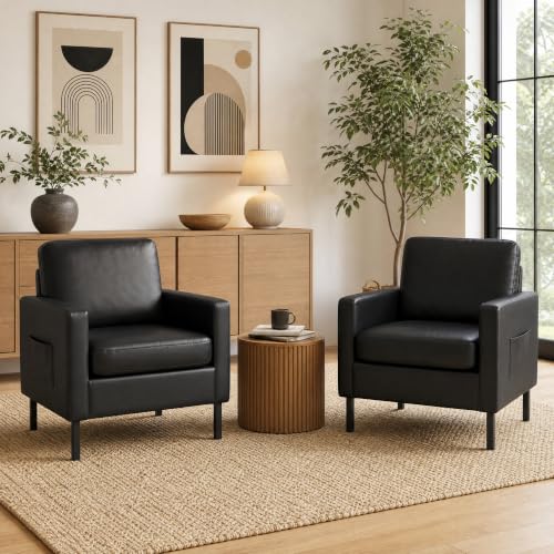 Mid Century Black Leather Mordern Accent Chairs Set of 2 for Living Room | AODAILIHB Cloud Small Sofa With 2 Side Pockets Thick Cushion, Comfy Couch with Metal Leg for Office/Waiting Room/Bedroom/Dorm - size: 2 chairs