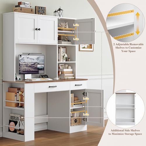 Keyluv 71" Tall Computer Desk with Hutch Cabinet, Home Office Desk with Storage Drawers Shelves and Side Rack, Wood Executive Desk with Doors, Outlet Station and Smart LED Lights, White - color: White