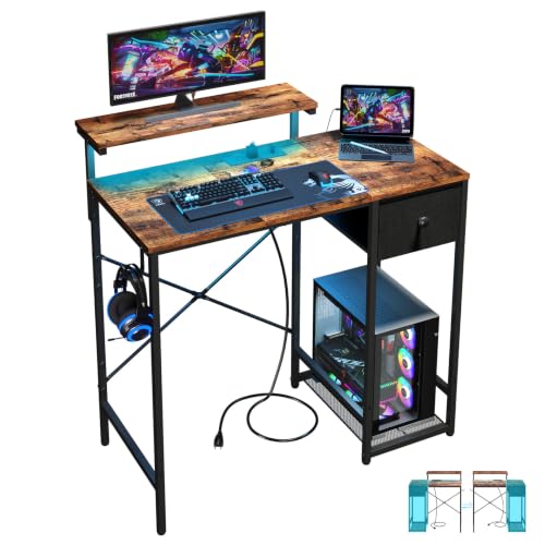 X-cosrack 33.5" Small Gaming Desk with LED Lights & Outlets, Monitor Stand - color: Rustic Brown, size: 33.5" with Monitor Stand
