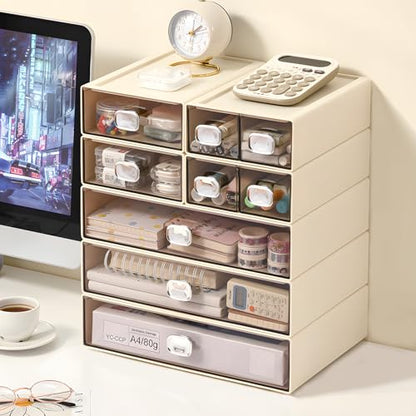 Desktop Storage Drawers, Plastic Countertop Printer Paper Organizer - color: 2 Large Drawers, Cream