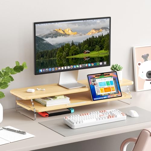 Bamboo Dual Monitor Stand for Desk,31.5 In 2 Tier Computer Riser Organizer | Desk Organizer Adjustable Arylic Feet Computer Monitor Stand, Desk Shelf for Office - color: Bamboo, size: 2 Tier