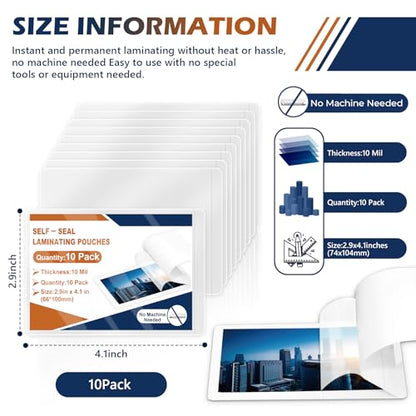 10 Pack 10 Mil 2.9"x4.1" Self Sealing Laminating Pouches for 2.5“ x 3.5” Card Plastic Laminating Sheets Business Card Size Clear Lamination Paper for Office School Home Supplies（No Laminator Need) - size: 2.5x3.5inch