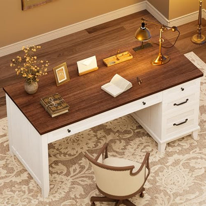 53.5" Executive Desk with Power Outlet, Home Office Desk with Drawers, Wooden Work Desk with File Cabinet, Computer Desk for Work, Study, Writing, White and Brown - color: White and Brown