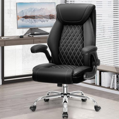 BestGlory Office Chair, Ergonomic High Back Home Office Desk Chair, Big and Tall Breathable Leather Office Chair with Lumbar Support Flip-Up Armrests, Computer Gaming Chair with Rocking Function - color: Black, style: Without Footrest