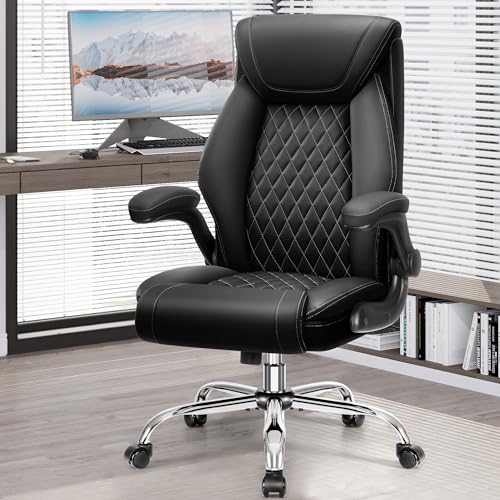 BestGlory Office Chair, Ergonomic High Back Home Office Desk Chair, Big and Tall Breathable Leather Office Chair with Lumbar Support Flip-Up Armrests, Computer Gaming Chair with Rocking Function - color: Black, style: Without Footrest