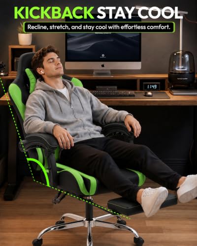 Dowinx Ergonomic Gaming Chair with Footrest & Massage Lumbar, 2D-Linkage Armrests for Computer Chair 330lbs with Headrest Pillow for Office, Home, Streaming and Long Gaming Sessions, Green - color: Green