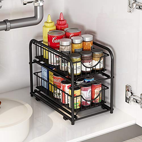 2-Tier Pull Out Organizer Under Sink Sliding Cabinet Rack,Black | Stackable Sliding Storage Drawer organizer with adjustable height and anti slip pad. Kitchen,Office or Cabinet Storage - color: Black