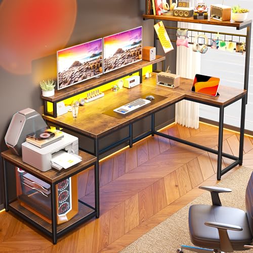 EnHomee 63" L Shaped Gaming Desk with LED Lights & Power Outlets,Brown - color: Rustic Brown, size: 63"W