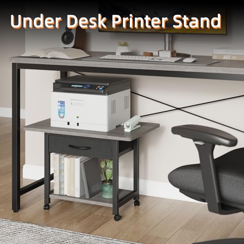 YAOHUOO 22"x15" Large Printer Stand with Drawer, 2-Tier Rolling Table Cart - color: Gray, size: 2-Tier